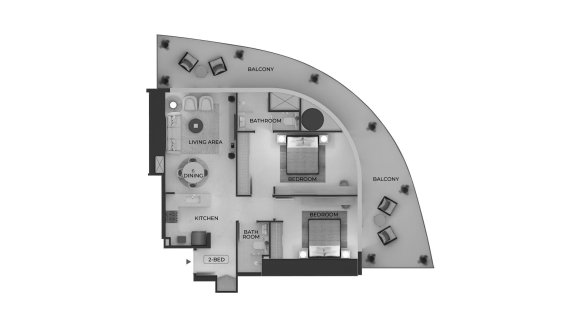 Apartment floor plan, 2 bedrooms in Binghatti Skyblade No. 11009 (2D)